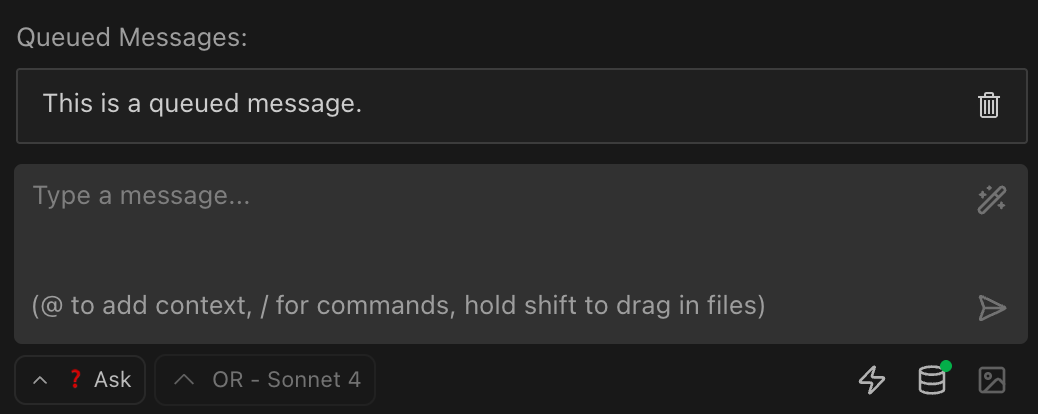 Message queueing interface showing active processing and three queued messages