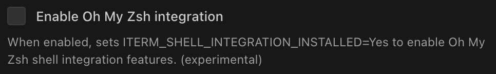 Enable Oh My Zsh integration checkbox